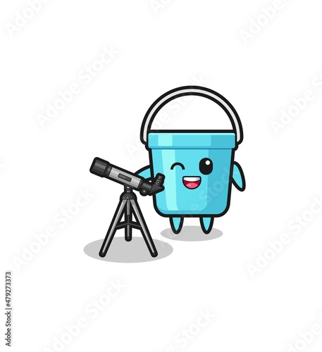 plastic bucket astronomer mascot with a modern telescope.