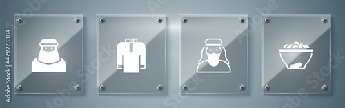 Set Date fruit in bowl, Muslim man, Shirt kurta and woman niqab. Square glass panels. Vector