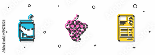 Set Soda can, Grape fruit and Paper or financial check icon. Vector
