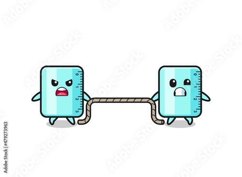 cute ruler character is playing tug of war game
