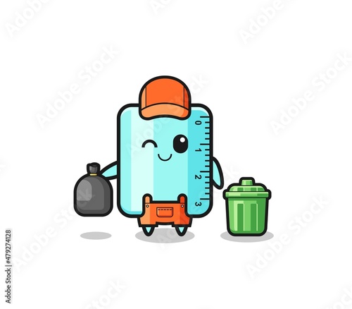the mascot of cute ruler as garbage collector