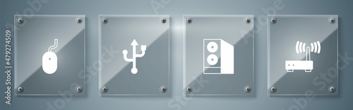 Set Router and wi-fi signal, Case of computer, USB and Computer mouse. Square glass panels. Vector