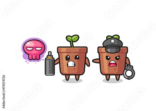 plant pot cartoon doing vandalism and caught by the police