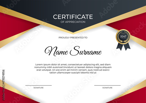 Modern gradient red black gold certificate design Template