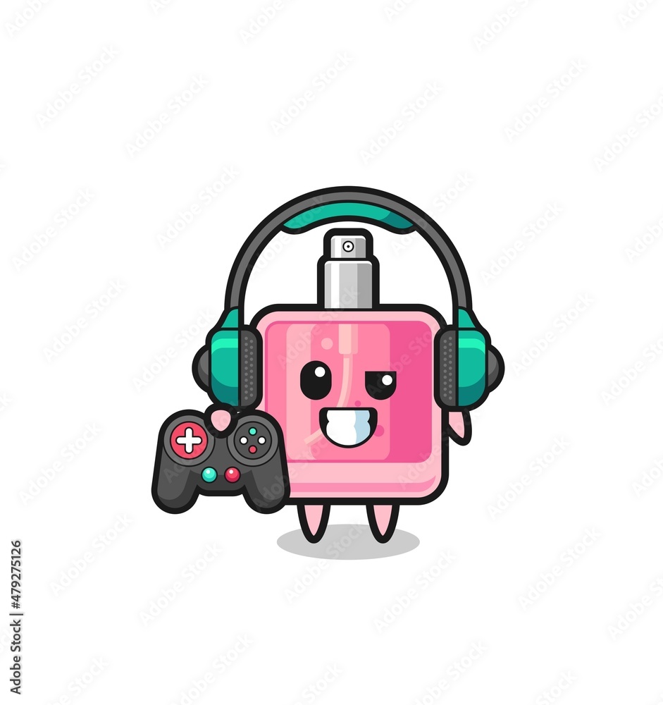 perfume gamer mascot holding a game controller