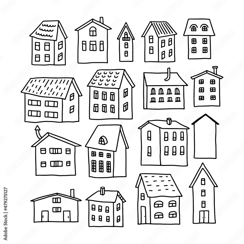 Set of houses hand-drawn in the style of doodles. Black outlines of single-storey houses on a white background. Vector illustration.