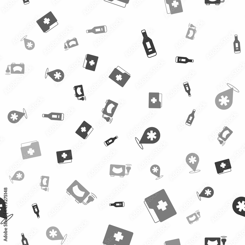 Set Digital thermometer, Patient record, Location hospital and Ultrasound on seamless pattern. Vector Set Digital thermometer, Patient record, Location hospital and Ultrasound on seamless pattern. Vector