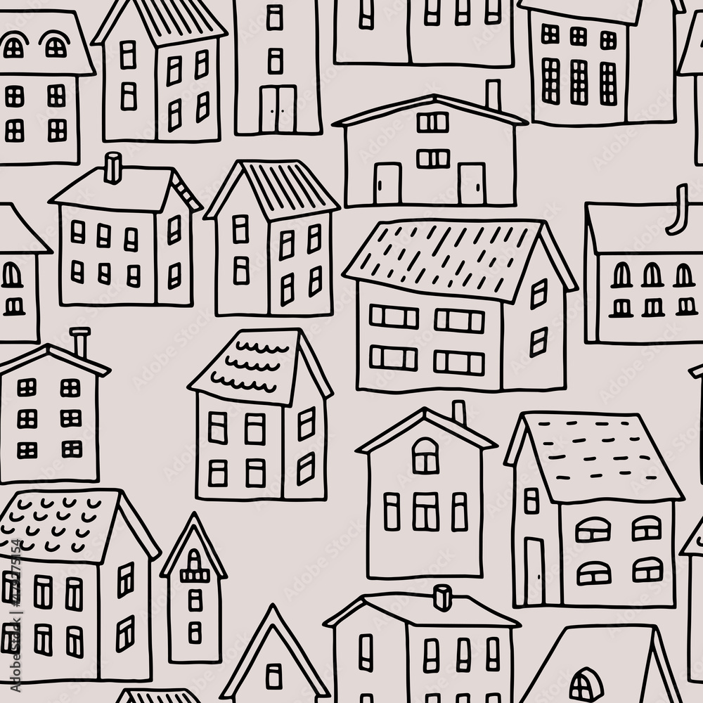 Seamless vector pattern with various cartoon houses in doodle style. Contours of single-storey houses on a beige background. For postcards, wallpaper, wrapping paper and textiles.