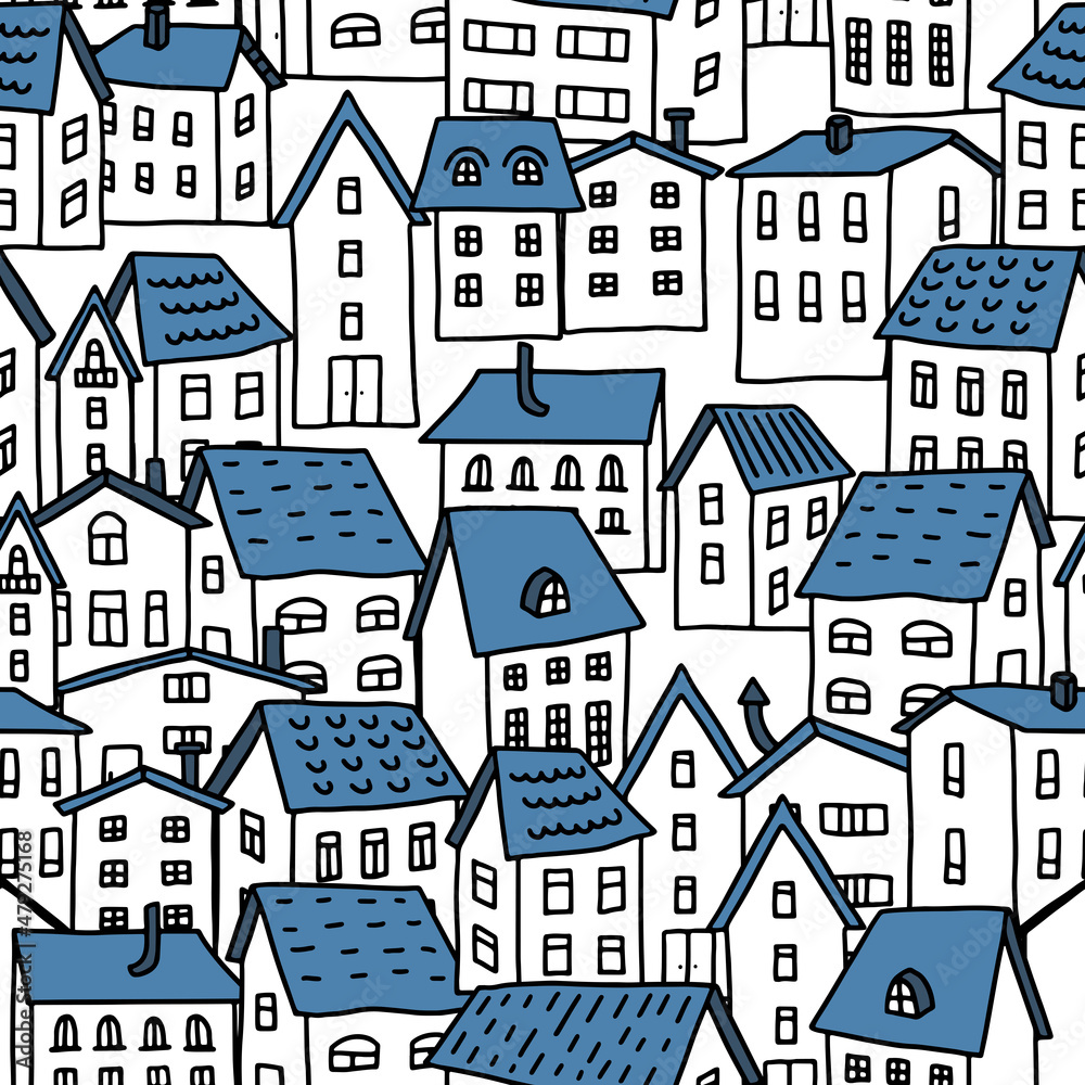 Seamless vector pattern with cartoon houses in doodle style. White one-story houses with blue roofs. Greek style. For postcards, wallpaper, wrapping paper and textiles.