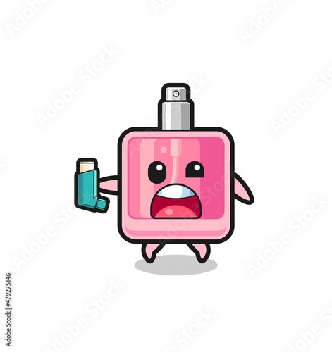 perfume mascot having asthma while holding the inhaler