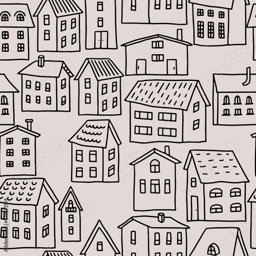 Seamless vector pattern with various cartoon houses in doodle style. Contours of single-storey houses on a beige background. For postcards  wallpaper  wrapping paper and textiles.