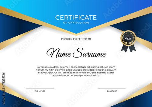 Elegant gradient blue gold certificate design Template