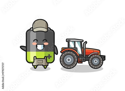 the battery farmer mascot standing beside a tractor