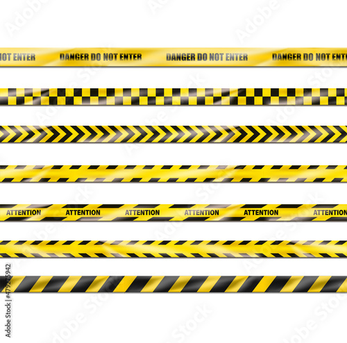 3d realistic icon. Collection of yellow danger ribbons for crime scenes, attention sites, construction works. © Real Vector