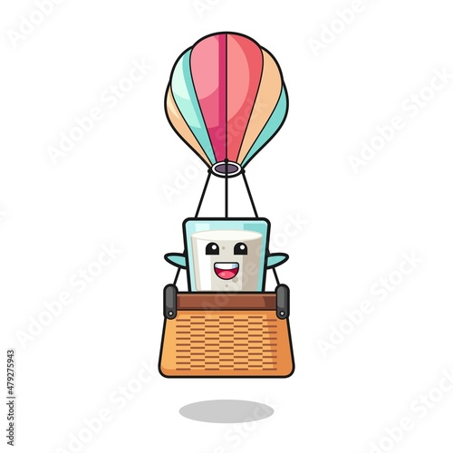 milk mascot riding a hot air balloon