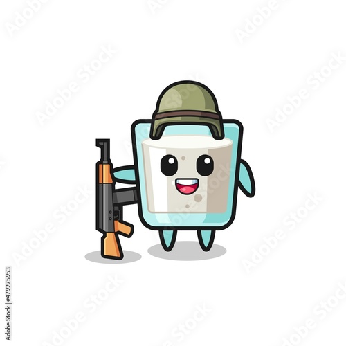 cute milk mascot as a soldier