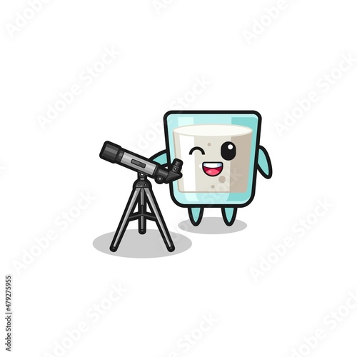 milk astronomer mascot with a modern telescope