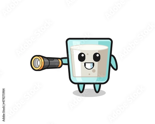 milk mascot holding flashlight