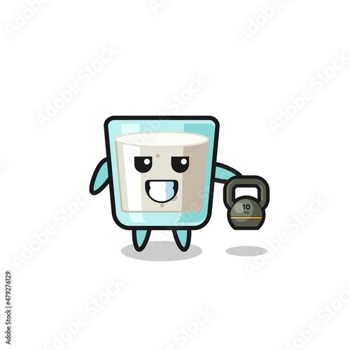milk mascot lifting kettlebell in the gym