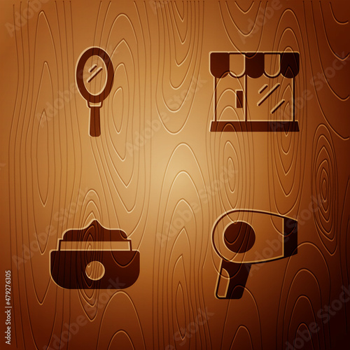 Set Hair dryer, Hand mirror, Gel wax for hair styling and Barbershop building on wooden background. Vector