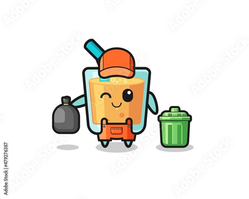 the mascot of cute orange juice as garbage collector