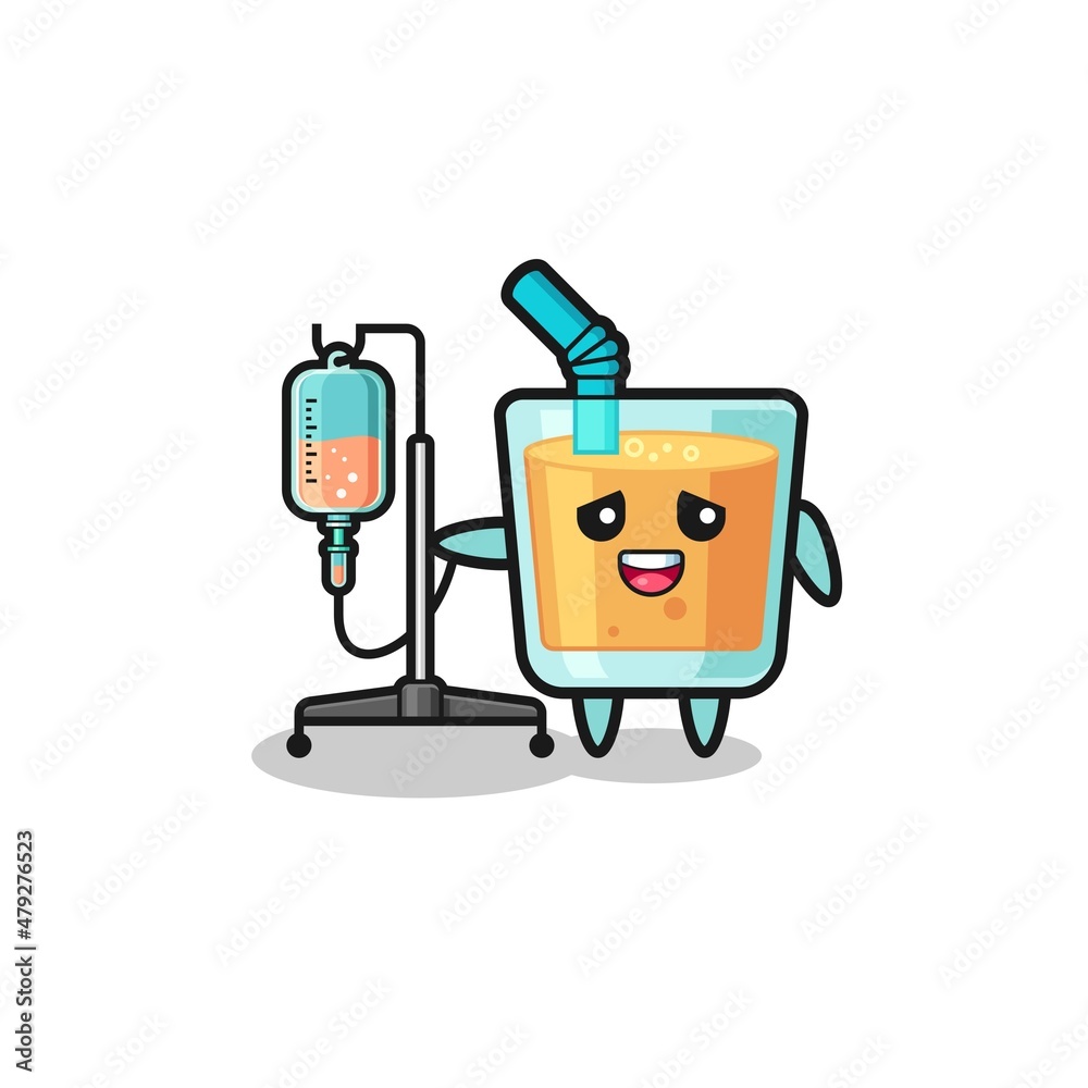 cute orange juice character standing with infusion pole