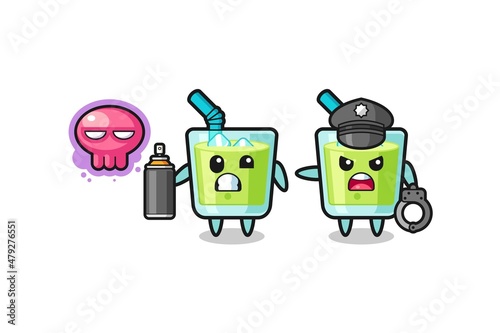 melon juice cartoon doing vandalism and caught by the police
