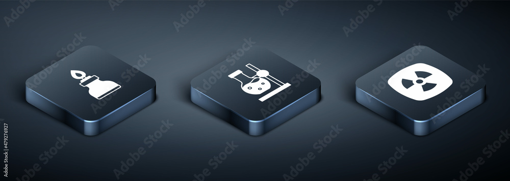Set Isometric Alcohol or spirit burner, Radioactive and Test tube flask on stand icon. Vector