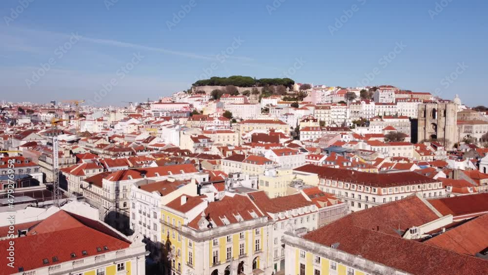 Drone flying sideway to the city harbour of Portugal Lisbon Europe with Cruise ship on a bright and sunny winter day Drone flying sideway to the city harbour of Portugal Lisbon Europe with Cruise ship on a bright and sunny winter day