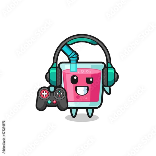 strawberry juice gamer mascot holding a game controller