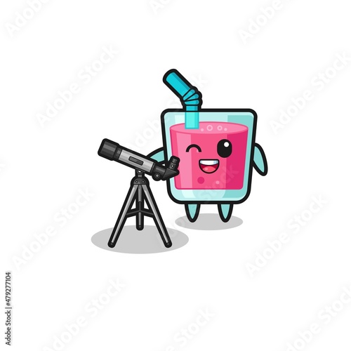 strawberry juice astronomer mascot with a modern telescope