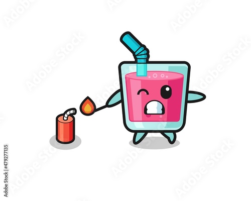 strawberry juice mascot illustration playing firecracker