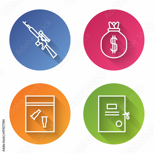 Set line Sniper rifle with scope, Money bag, Evidence bag and bullet and Lawsuit paper. Color circle button. Vector