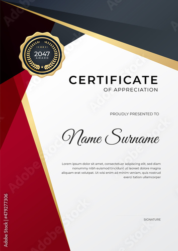 Modern gradient red black gold certificate design Template