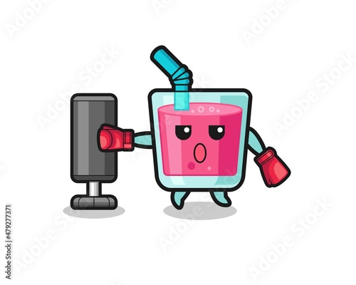 strawberry juice boxer cartoon doing training with punching bag