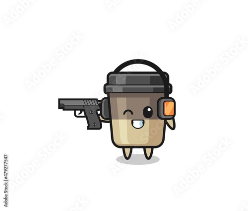 illustration of coffee cup cartoon doing shooting range