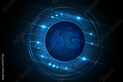 6G network digital design and internet of things light glow drops on circle vector illustration with binary code technology. Wireless system networking.