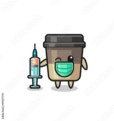 coffee cup mascot as vaccinator