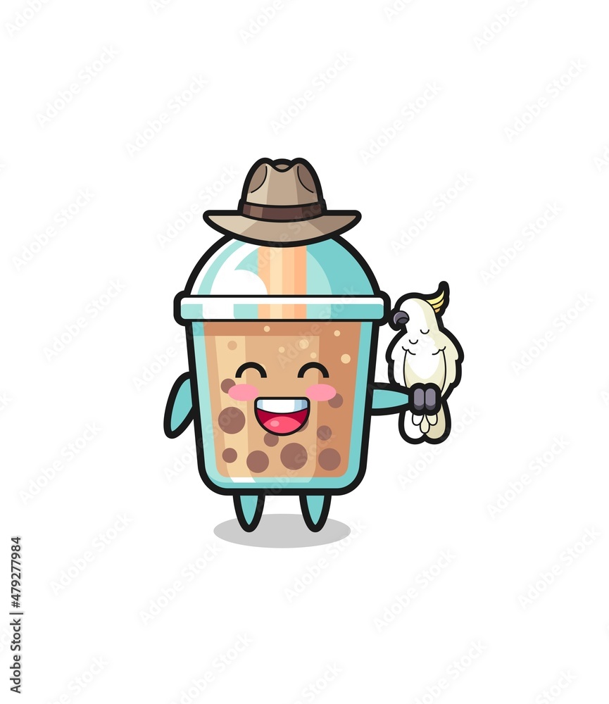 bubble tea zookeeper mascot with a parrot bubble tea zookeeper mascot with a parrot