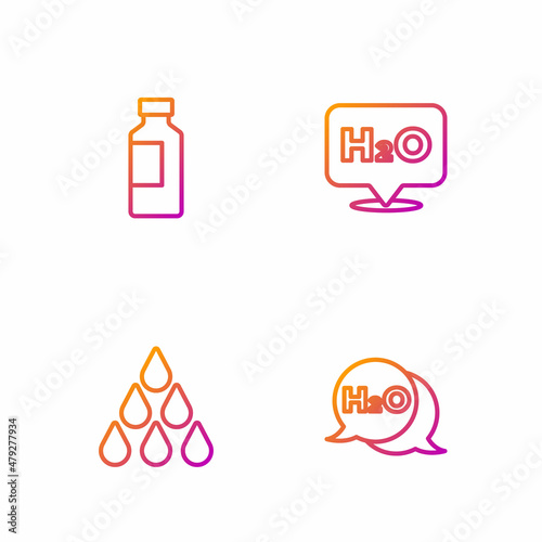 Set line Chemical formula for H2O, Water drop, Bottle of water and . Gradient color icons. Vector