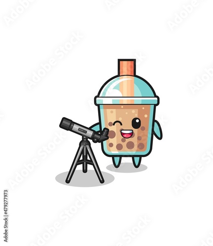 bubble tea astronomer mascot with a modern telescope