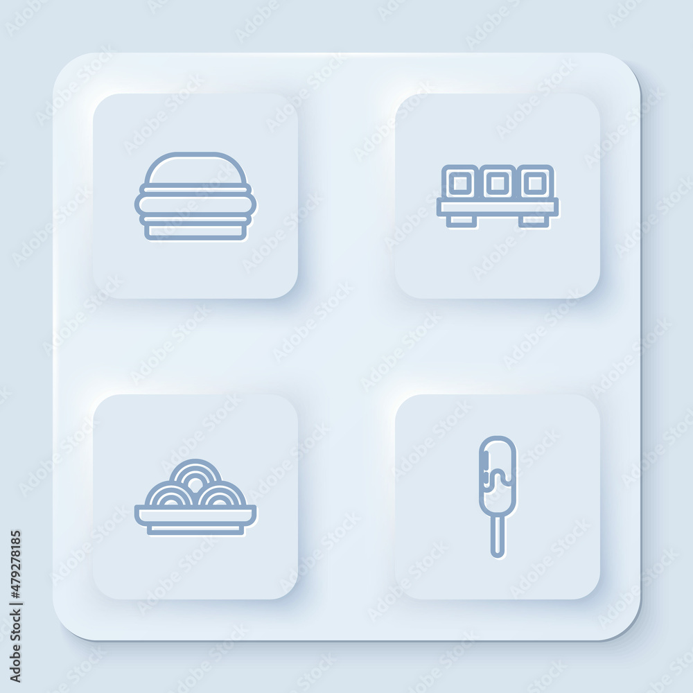 Set line Burger, Sushi on cutting board, Asian noodles bowl and Ice cream. White square button. Vector Set line Burger, Sushi on cutting board, Asian noodles bowl and Ice cream. White square button. Vector