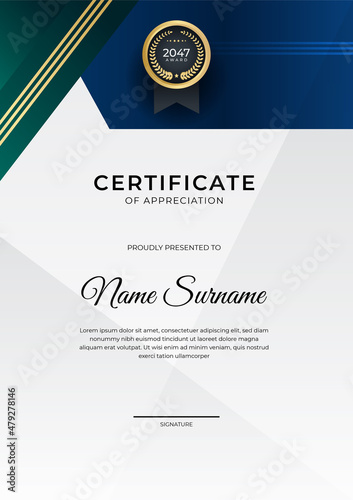 Elegant gradient blue green gold certificate design Template