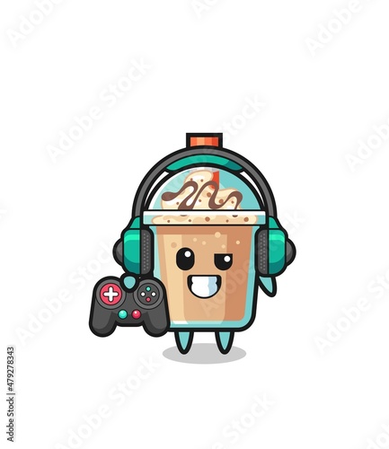 milkshake gamer mascot holding a game controller