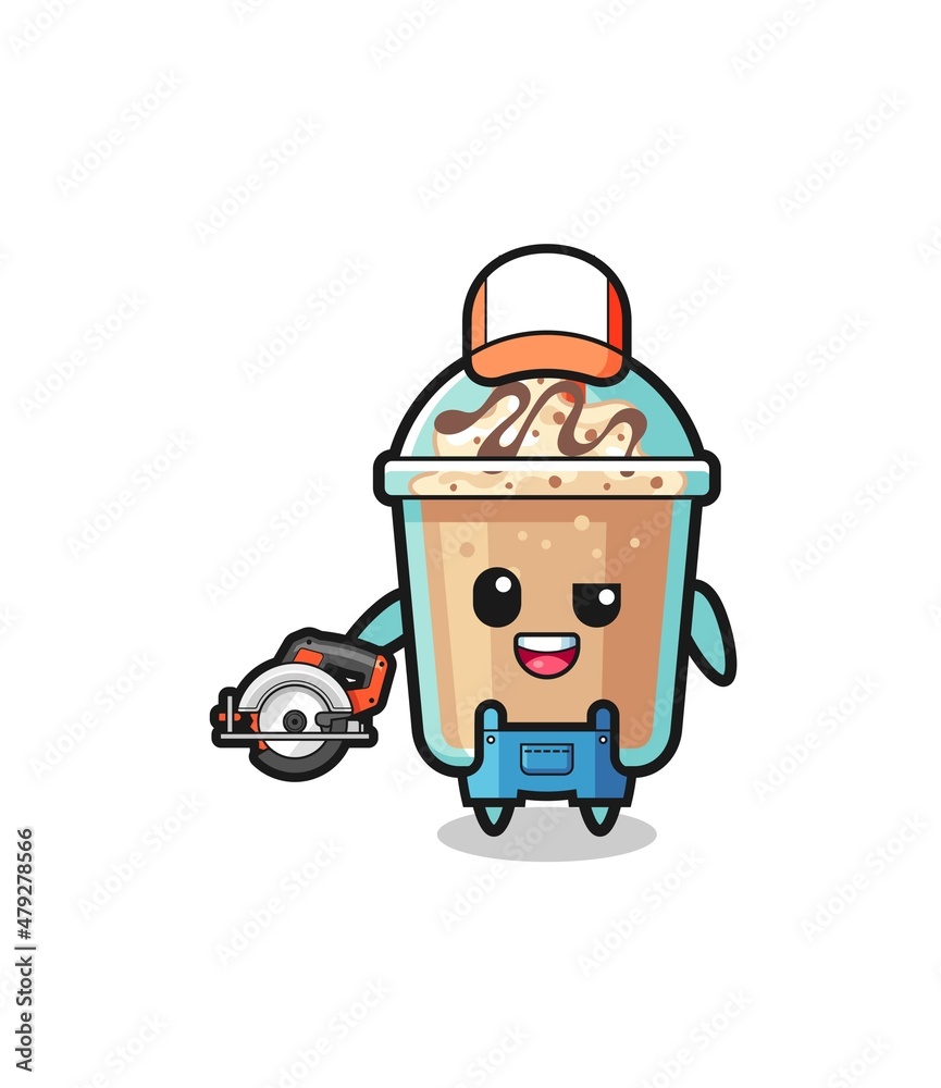 the woodworker milkshake mascot holding a circular saw the woodworker milkshake mascot holding a circular saw