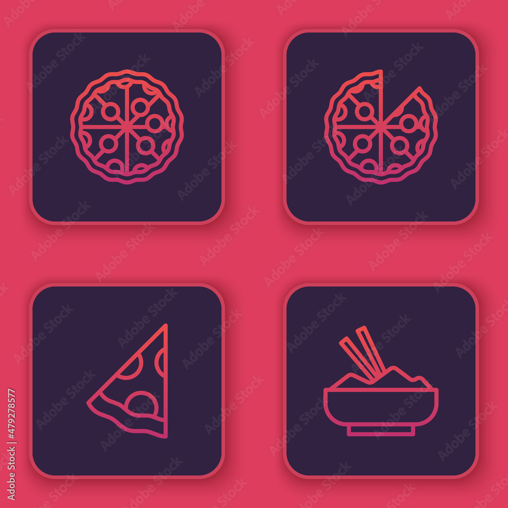 Set line Pizza, Slice of pizza, and Rice in bowl with chopstick. Blue square button. Vector Set line Pizza, Slice of pizza, and Rice in bowl with chopstick. Blue square button. Vector