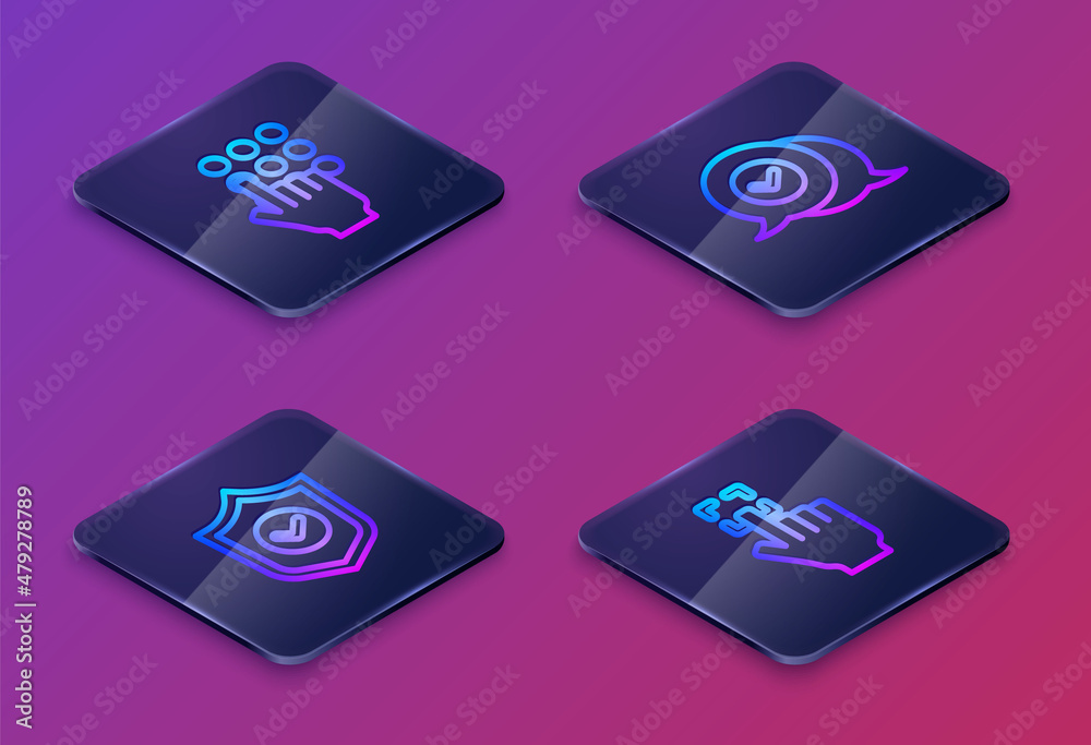 Set Isometric line Password protection, Shield with check mark, Check in speech bubble and Fingerprint. Blue square button. Vector Set Isometric line Password protection, Shield with check mark, Check in speech bubble and Fingerprint. Blue square button. Vector