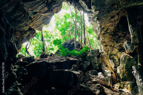 Secret cave entrance from below. Thum Khao Marong, Prachuap Khiri Khan, Thailand.