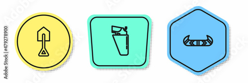 Set line Shovel, Revolver gun in holster and Kayak or canoe and paddle. Colored shapes. Vector