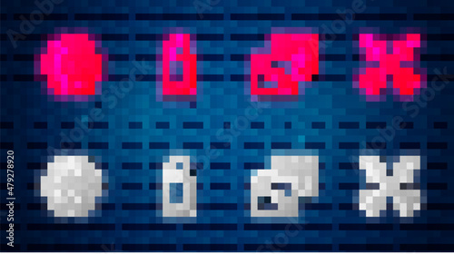 Set line Bullet, Game dice, Revolver cylinder and Crossed arrows. Glowing neon icon on brick wall. Vector